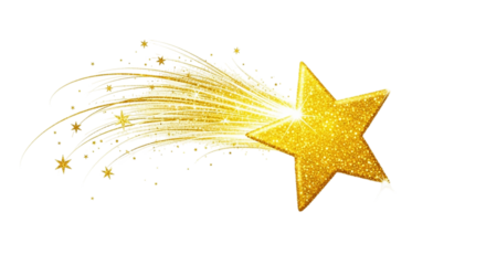 Golden shooting star with glitter isolated on transparent background