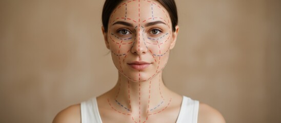 Woman prepares for cosmetic surgery, undergoing facial and neck mapping with precise dotted lines indicating potential areas for aesthetic procedures and enhancements