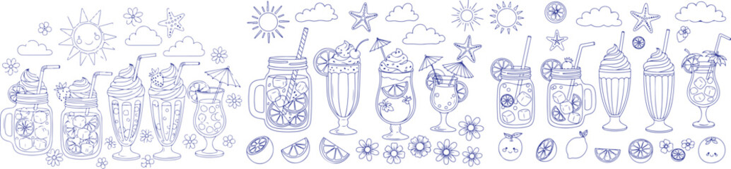 Vector art of collection of hand drawn summer drinks and beach elements isolated on