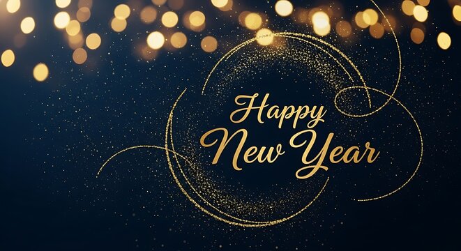 Happy new year golden glitter background design template festive celebration holiday greeting card banner 2024
