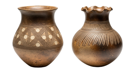 Two decorative clay vases with ethnic patterns isolated on transparent background