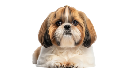 Adorable shih tzu puppy lying down isolated on transparent background, looking at camera