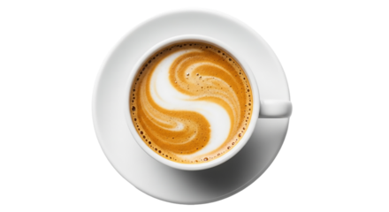 Top view of a cup of cappuccino with latte art isolated on transparent background