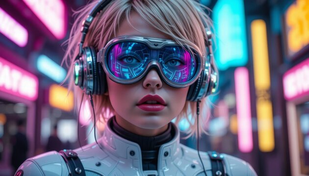 Focused Cyberpunk Woman with Reflective Goggles and Headphones in Neon City - Powered by Adobe