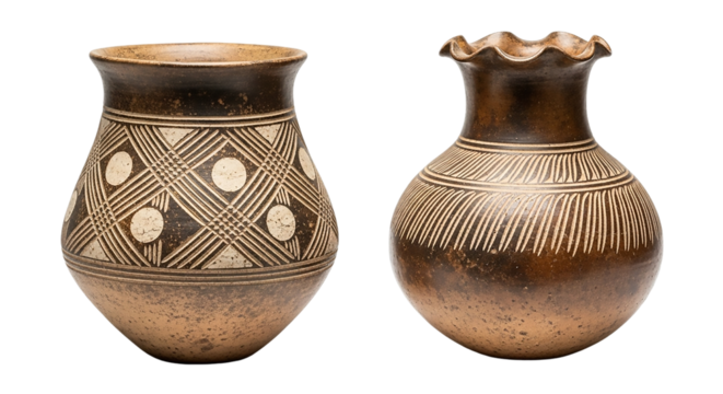 Two decorative clay vases with ethnic patterns isolated on transparent background