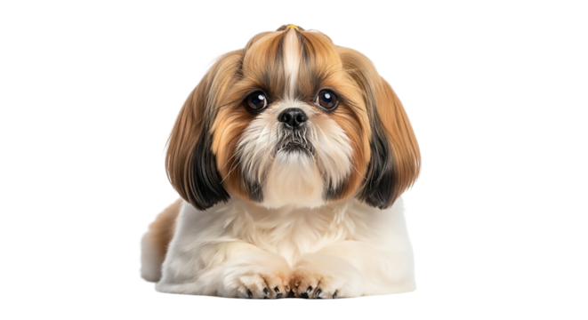 Adorable shih tzu puppy lying down isolated on transparent background, looking at camera