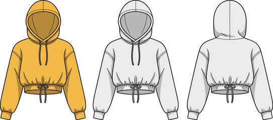 Cropped hoodie fashion sketch, drawstring hood and waist, front and back view, mustard yellow, CAD drawing, flat vector illustration