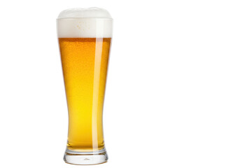 Isolated cold refreshing foamy beer lager pilsner in tall footed glass, light golden color