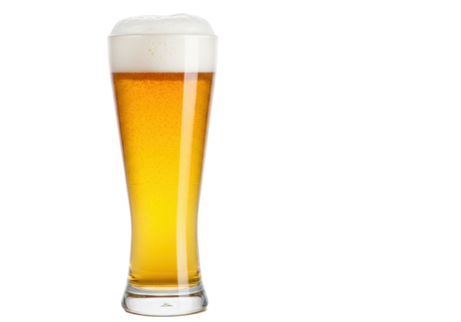 Isolated cold refreshing foamy beer lager pilsner in tall footed glass, light golden color