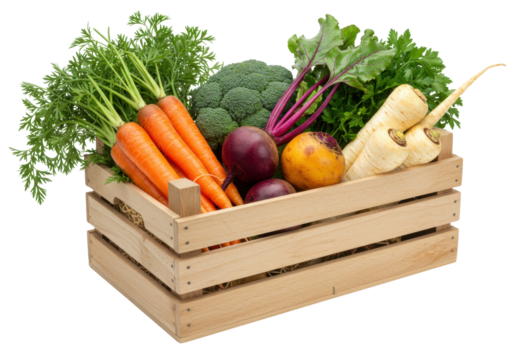 Isolated assortment of fresh vegetables in wooden crate organic vegan harvest abundance
