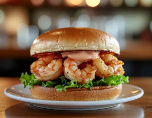 Gourmet shrimp burger with creamy sauce and lettuce on a plate.