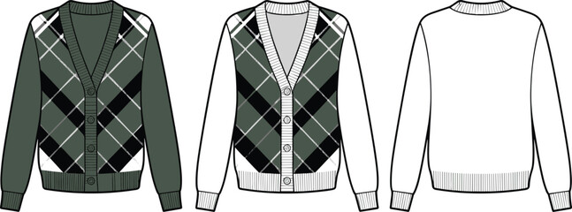 Argyle cardigan, fashion CAD, flat vector, clothing sketch, V-neck sweater, button front, ribbed cuffs, green knitwear, apparel design, textile template, garment illustration, CAD drawing,