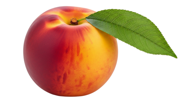 Ripe peach with a green leaf isolated on transparent background, a healthy snack