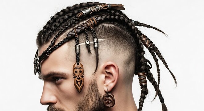 Conceptual profile of a man with intricate braided hair and undercut, featuring tribal adornments, merging warrior aesthetics with modern trend.