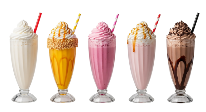 Assortment of delicious milkshakes isolated on transparent background for a sweet treat