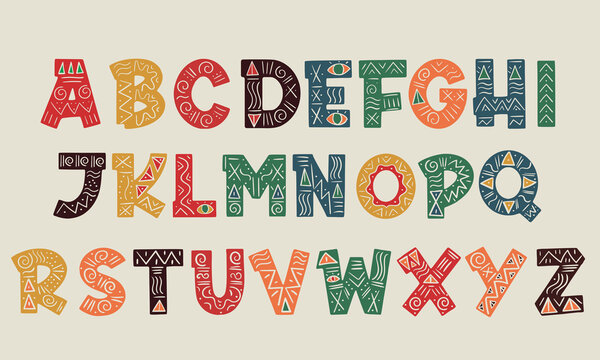 Alphabet in the style of African ornaments. Vector on background.