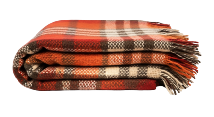 Folded warm woolen blanket with a checkered pattern isolated on transparent background