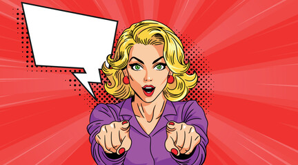 A beautiful pop art woman points at you with a speech bubble. Pop art in comic book style vector.