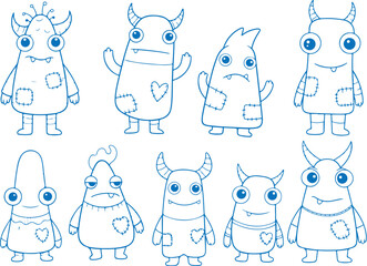 Vector art of collection of cute and friendly cartoon monster characters in blue outline
