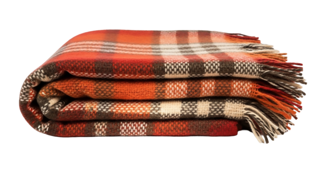 Folded warm woolen blanket with a checkered pattern isolated on transparent background