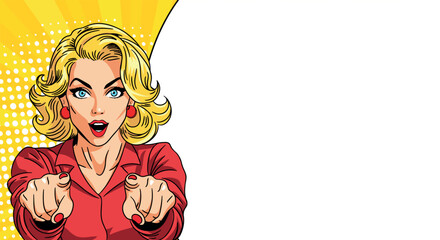 A surprised young woman in pop art style points at you with a large banner. Pop art in comic book vector style.