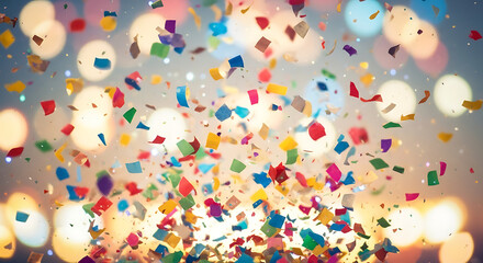 Colorful confetti falling down from the sky, creating a festive and celebratory atmosphere with bokeh lights in the background, perfect for parties and events