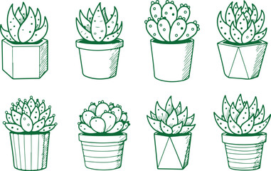 Vector art of hand drawn doodle set of potted succulent plants isolated on
