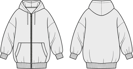 Zip-up hoodie technical fashion illustration, vector flat drawing, oversized streetwear template, isolated front and back views, cad drawing flat vector