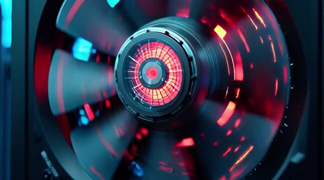 Close-up of spinning computer cooling fan with vibrant red and blue LED lights showing motion blur and high-performance technology