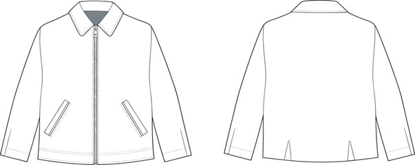 Zip-up jacket technical fashion illustration, vector flat drawing, classic outerwear mock up, isolated front back views, cad drawing flat vector