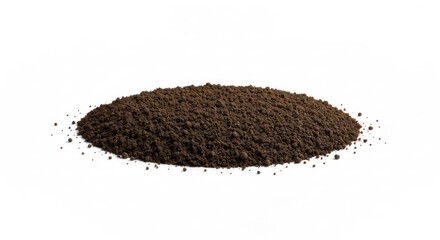 Pile of rich, dark brown soil on a plain white background, centrally lit