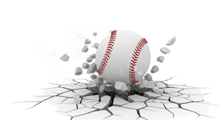 Baseball breaking through the ground isolated on transparent background in studio shot