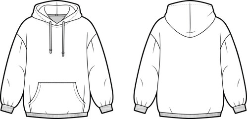 Unisex oversized hoodie technical fashion illustration vector flat drawing streetwear template isolated front and back views cad drawing flat vector