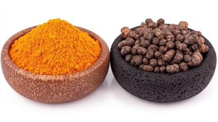 Turmeric powder, vibrant orange in color, is shown in a wooden bowl next to fresh turmeric rhizome and ginger root. A dark stone bowl holds the fresh turmeric roots, all set against a white backdrop