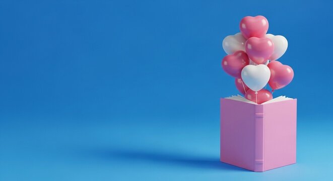 A pink book releases a bouquet of pink and white heart-shaped balloons against a vibrant blue background, symbolizing love stories. - Powered by Adobe