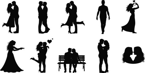 Collection of romantic couple silhouettes featuring straight and LGBTQ lovers kissing, hugging, and wedding moments vector illustration set.