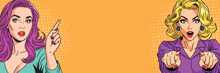 Two beautiful women confident wow in pop art style. Pop art in vector comic style.