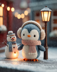 Cute Penguin Chick Near Snowman Under Glowing Christmas Lamppost