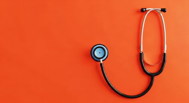 A medical stethoscope laid against an orange background. Its design is for healthcare diagnosis, representing concepts of wellness and well-being.