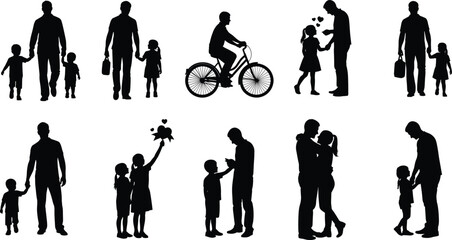 Collection of father and children silhouettes, dad walking with son and daughter, couple hugging, and family moments vector illustration set.