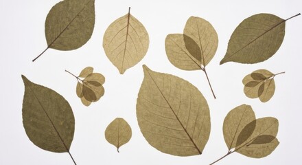 Obraz premium Pressed leaves lay on a white surface; muted green, tan, and brown tones
