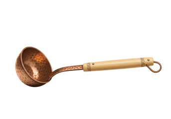 Isolated copper bath ladle with wooden handle. Traditional sauna accessory on display