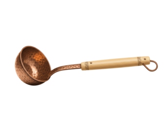 Isolated copper bath ladle with wooden handle. Traditional sauna accessory on display