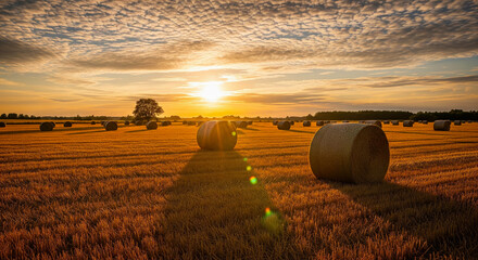 Golden summer sunset light casts long shadows across a vast, harvested wheat field dotted with fresh round hay bales under a dramatic cloudscape.