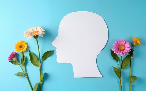 World mental health day concept. Paper human head symbol and flowers on blue background. High quality