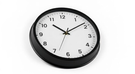 Round wall clock with black frame and white face showing 1011, slightly angled