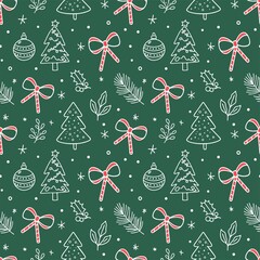 Christmas Seamless Line Art Pattern with Red Accents Trees Bows Baubles Holly Candy Canes and Pine Branches on Green Background Minimal Festive Design