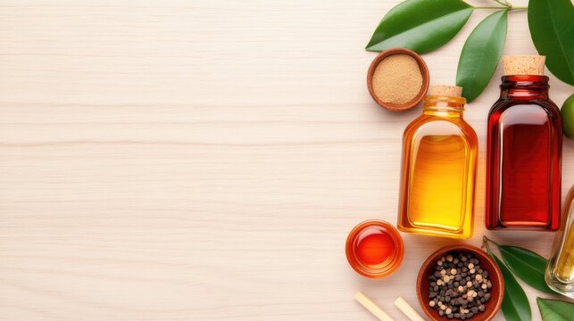 Various essential oils and herbs are arranged on a wooden table, featuring a bottle of sandalwood powder and cumin seeds in bowls. Bamboo sticks and green leaves enhance the earthy aesthetic - Powered by Adobe