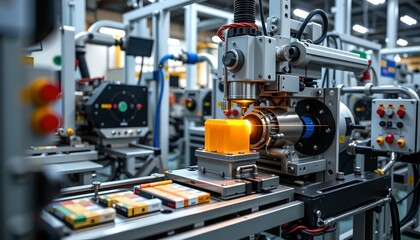 Fototapeta premium A detailed view of an industrial machine assembling products. A close-up shot captures the precision and automation of the manufacturing process