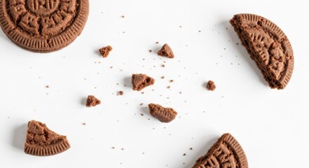 Scattered chocolate cookies and crumbs on a clean white surface, flat lay view